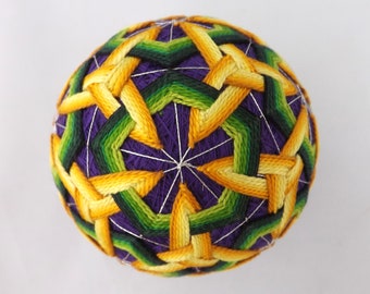 Japanese Temari Ball handmade rice hulls with bell, Green pentagons with Yellow pinwheels over Purple