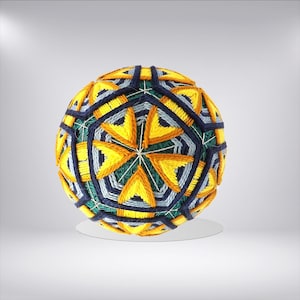 Japanese Temari Ball Ornament with Teal, Blue & Gold Woven Designs
