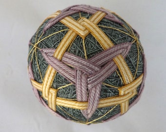 Japanese Temari Ball handmade rice hulls with bell Eight lavender pinwheels interlocking Yellow and Gold over light sage green