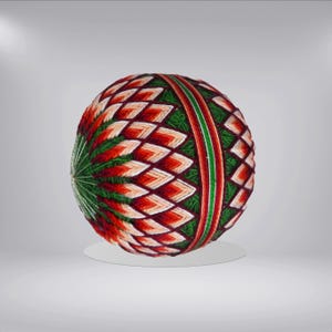Handmade Japanese Temari Ball: Red Kiku Flowers Embroidered Ornament