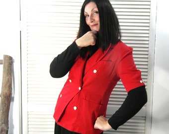 Red short sleeved jacket, 80's fashion by Mag Deleine, Paris, size medium, large, vintage clothing, retro clothes, red jacket, 80s clothing.