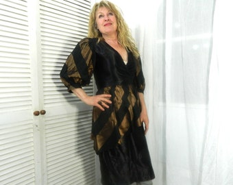 Black & brown dress, 80's fashion black acetate satin size S/M vintage dress, vintage clothing, retro clothes, French vintage cocktail dress