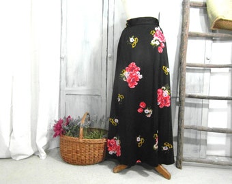 Schwarze floralE Maxi-Rock, Größe S, Französisch Vintage Kleidung