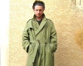 French military trench coat, army trench coat size M, khaki green trench, vintage clothing, retro clothes, gift for him.