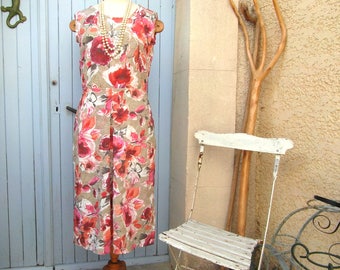 60er Jahre Stil Baumwolle BleistiftKleid, floral Sommerkleid, wackeln Kleid, handgemachte Kleid, Größe S/M, Französisch Vintage, Vintage Kleidung, Retro-Kleidung