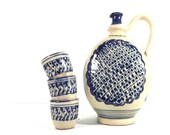 Vintage stoneware pottery bottle and shot glasses, ceramic bottle