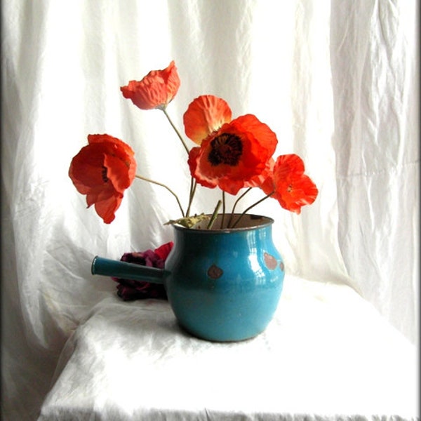 French vintage blue enamelware pot.