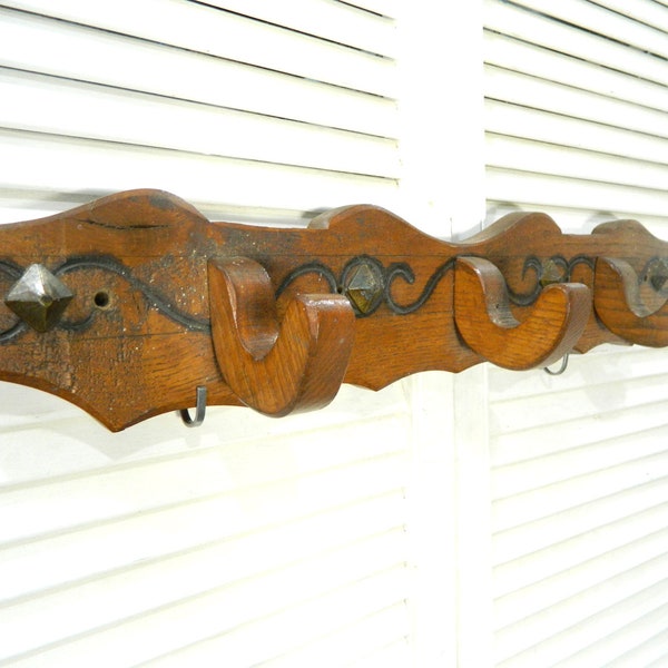 Large vintage wooden wall mount coat rack, 3 hooks mounted on wood, coat hooks