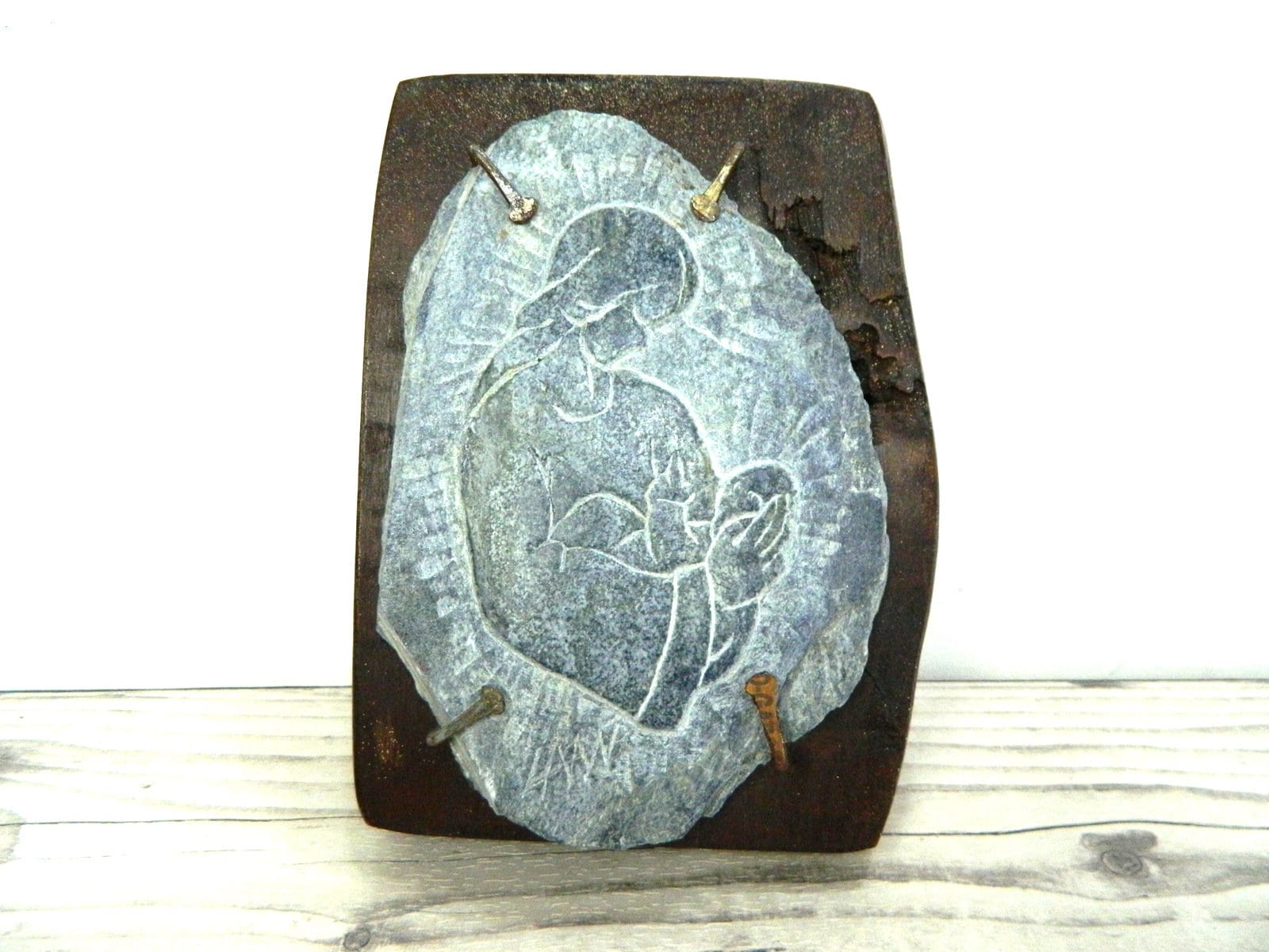 Plaque Murale Religieuse Vintage en Bois et Ardoise, Vierge L'enfant