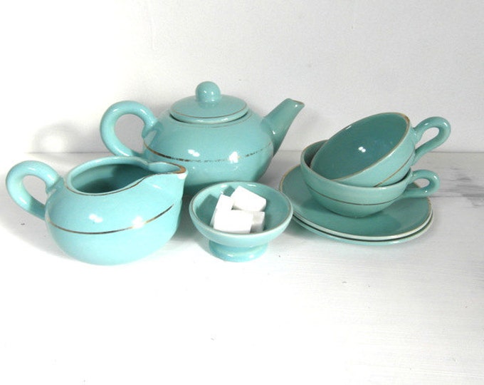 Aqua Blue Tea Set. 2 Cups and Saucers, Creamer and Sugar Bowl, 2 Cup Teapot. French Vintage. Etsy