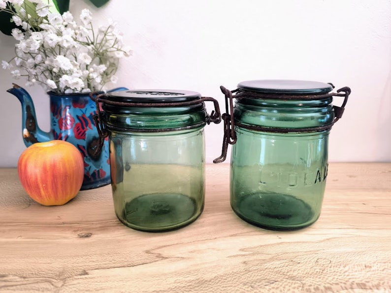 Pair of green glass French canning jars, 1/2 litre, l'Ideale kitchen canister image 3