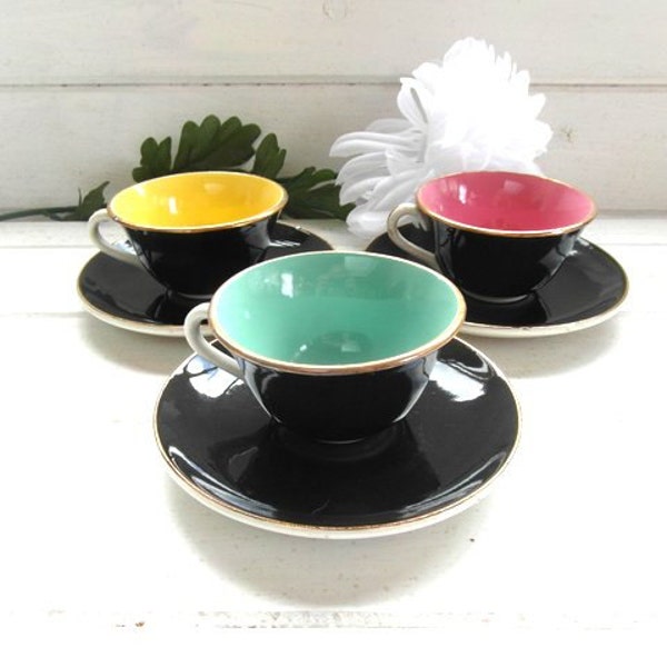 Digoin Sarreguemines, 3 tea / coffee cups and saucers, 50s black cups, pink yellow green.