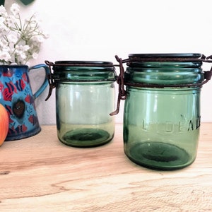 Pair of green glass French canning jars, 1/2 litre, l'Ideale kitchen canister image 1