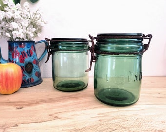 Pair of green glass French canning jars, 1/2 litre, l'Ideale kitchen canister