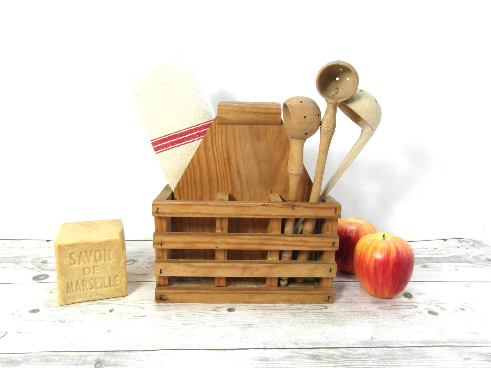 Porte-Ustensile Vintage Rustique, Boîte avec Poignée, Rangement Pour La Cuisine