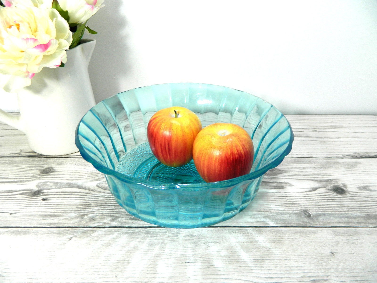 Large turquoise ribbed glass salad bowl French vintage blue Etsy