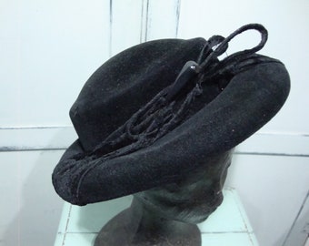 French vintage black wool felt hat, 50's Parisian hat.