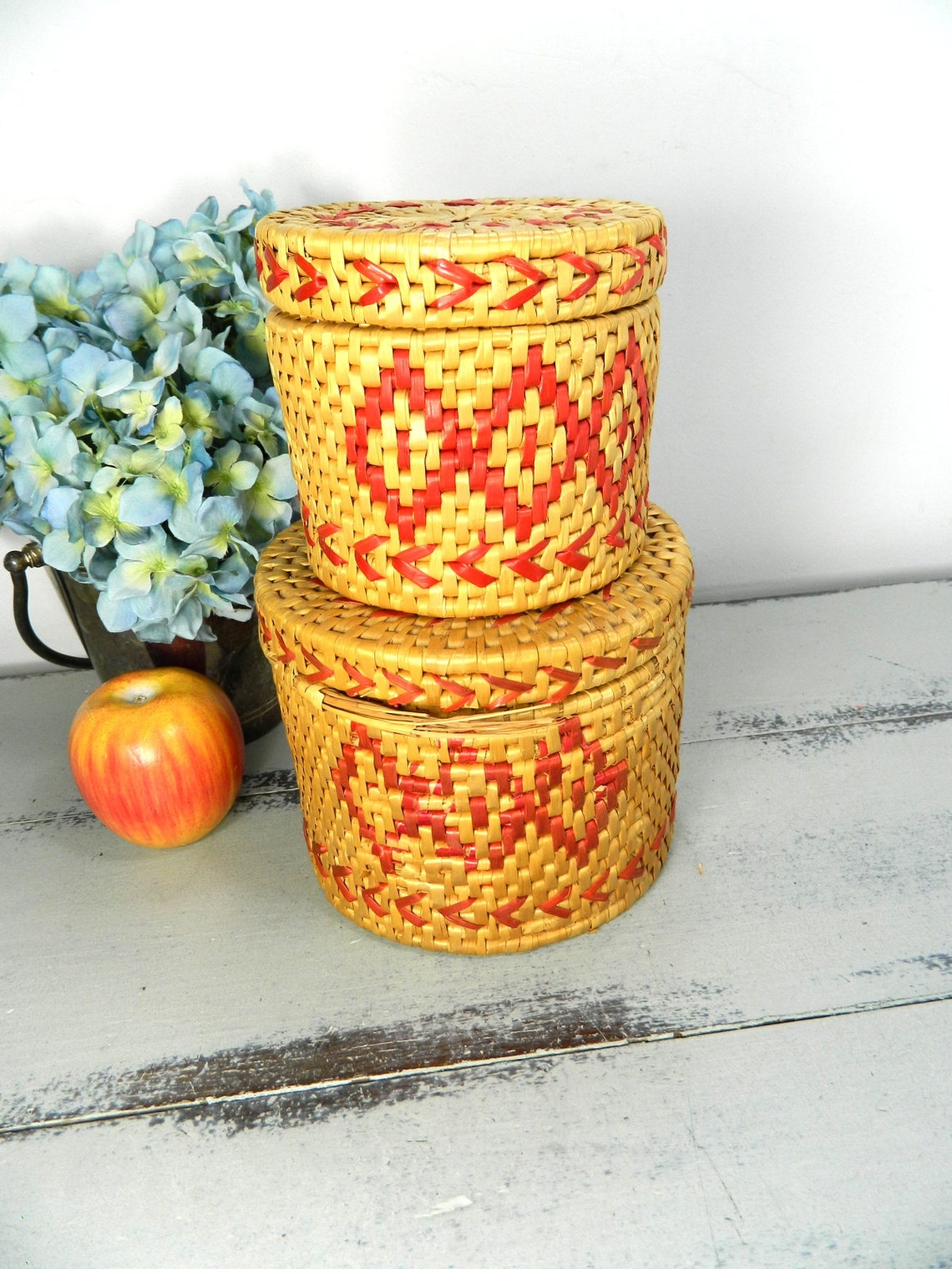 Pair of Vintage Straw Coil Baskets With Lids Etsy