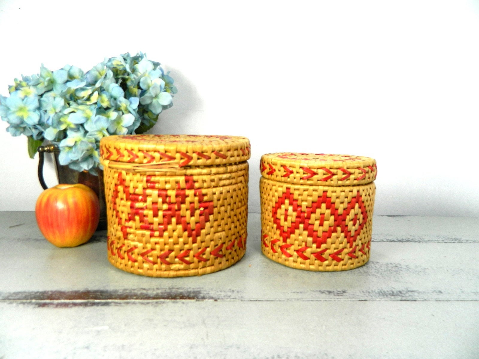 Paire de Paniers en Paille Vintage avec Couvercles