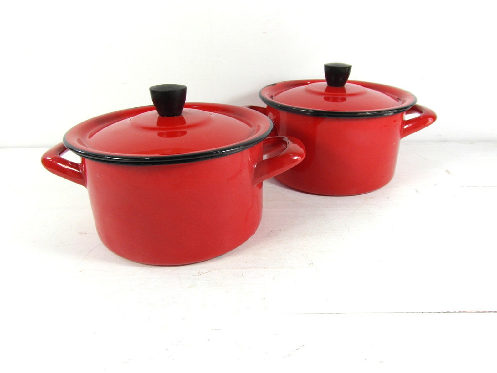 Red enamelware pot set with lids set of 2 small casserole Etsy