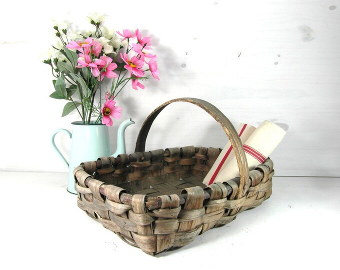 Antique Harvest Basket, Gathering Basket, French Vintage Hand Crafted