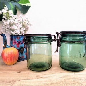 Pair of green glass French canning jars, 1/2 litre, l'Ideale kitchen canister image 2