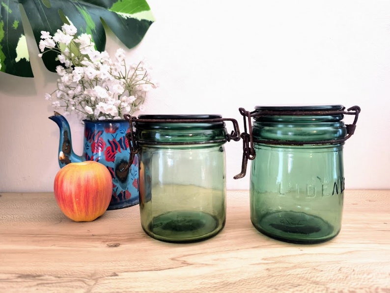 Pair of green glass French canning jars, 1/2 litre, l'Ideale kitchen canister image 2