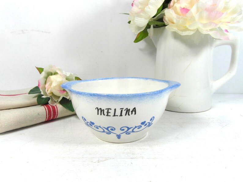blue pottery bowl personalised cafe au lait bowl Ceramic breakfast bowl
