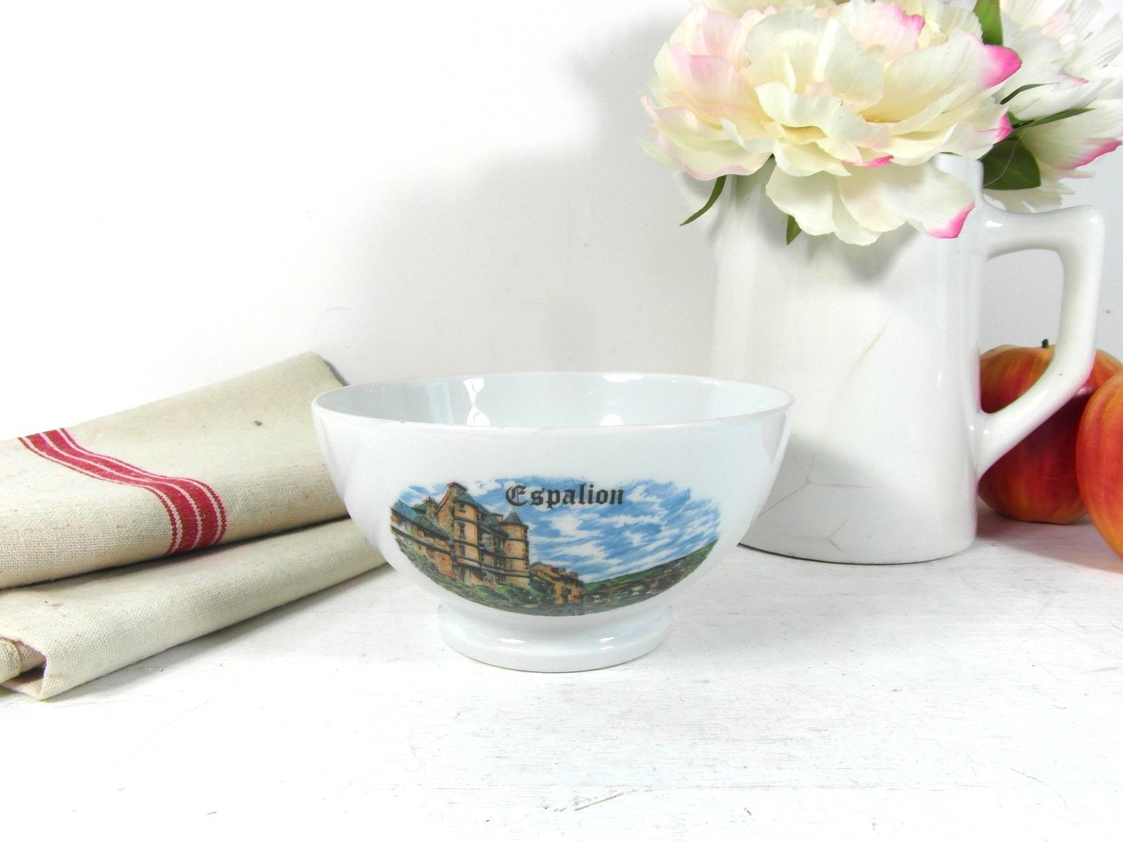 Très Joli Bol à Café Au Lait, Blanc Et, Souvenir d' Espalion, Personnalisé Louis.