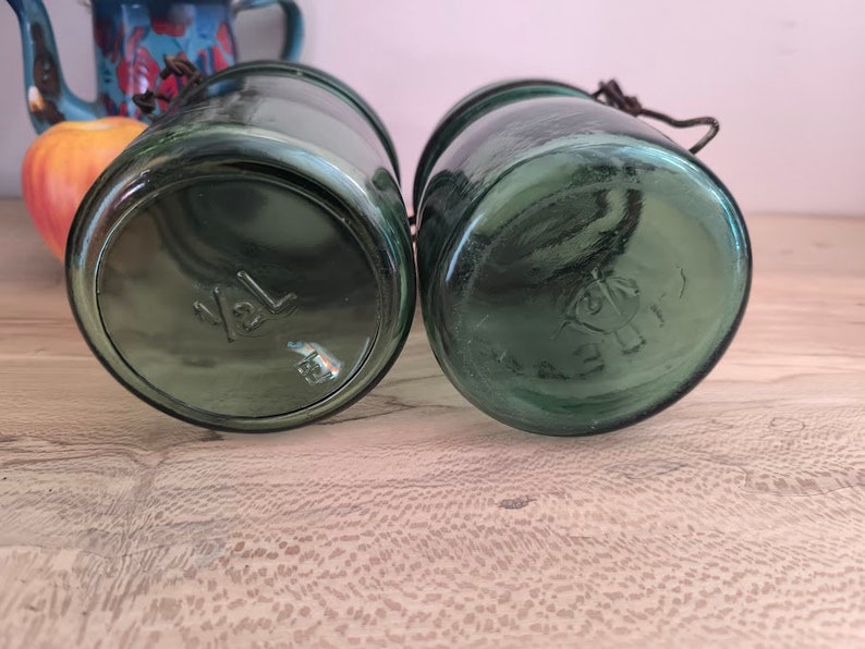 Pair of green glass French canning jars, 1/2 litre, l'Ideale kitchen canister image 7