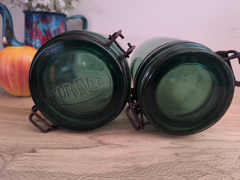 Pair of green glass French canning jars, 1/2 litre, l'Ideale kitchen canister image 6