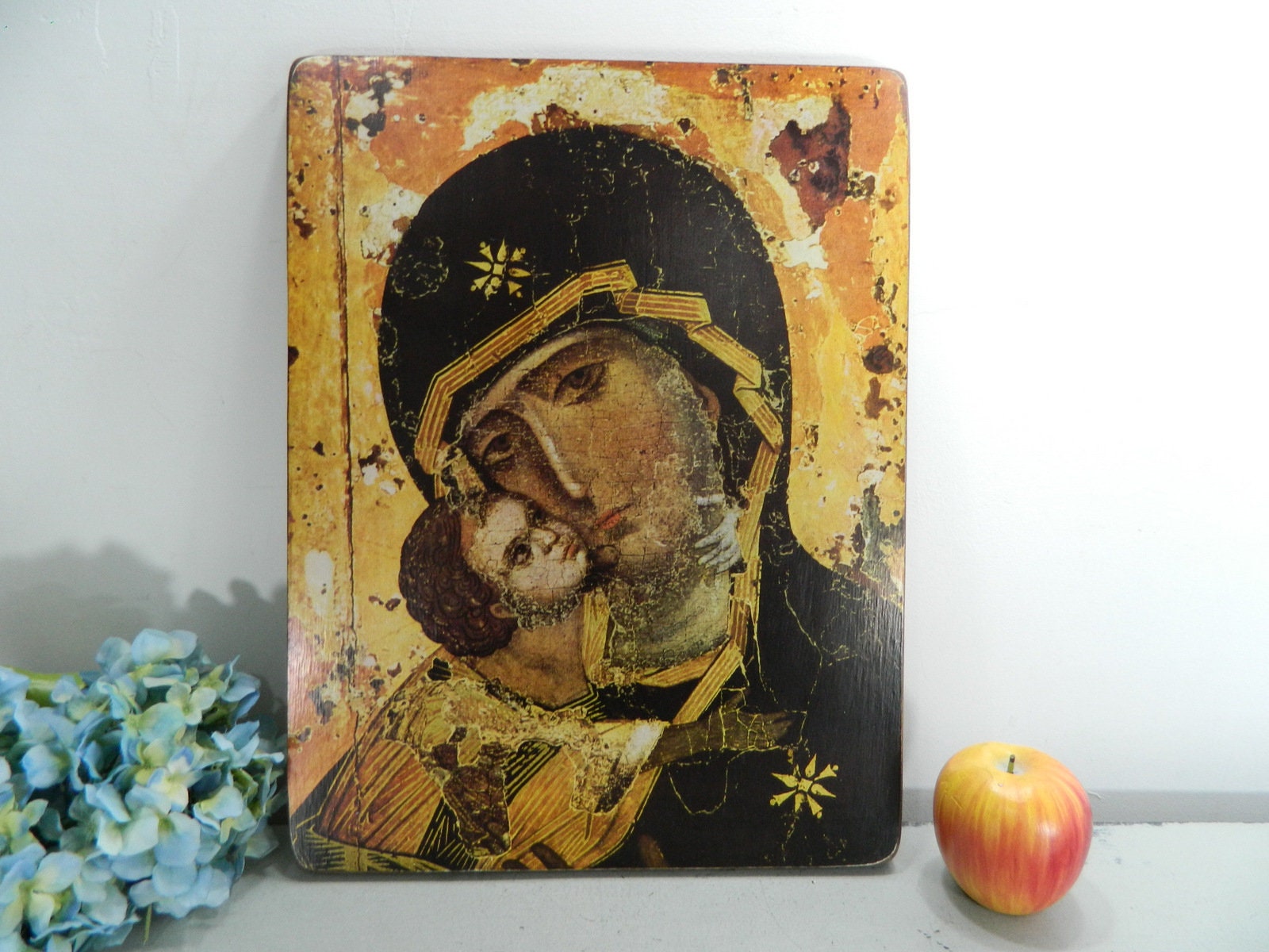 Mère de Dieu Vintage Par Vladimir, Lithographie Orthodoxe Russe sur Bois.