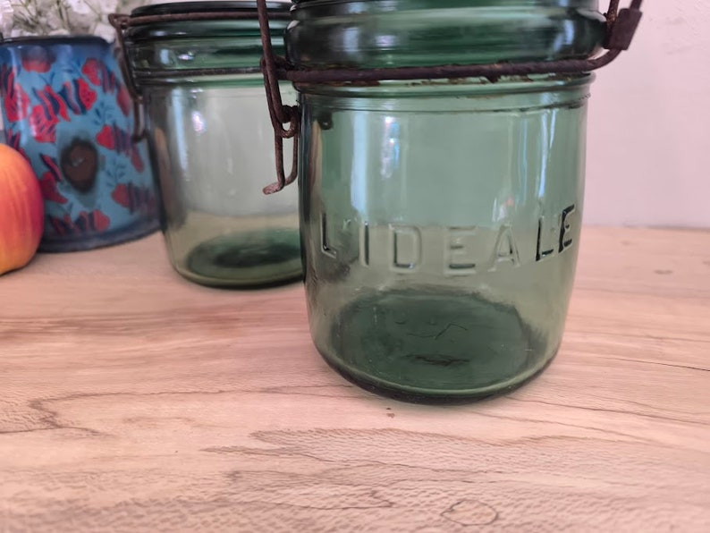 Pair of green glass French canning jars, 1/2 litre, l'Ideale kitchen canister image 4