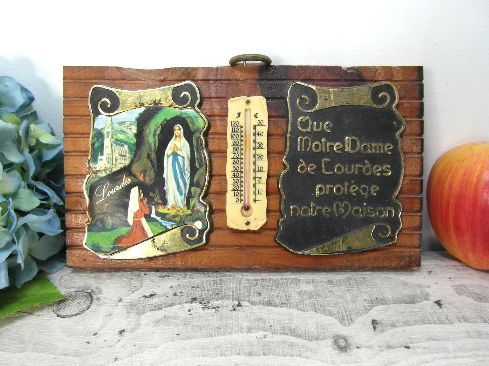 Plaque Murale Souvenir de Lourdes, Thermostat et Bénédiction, Vintage