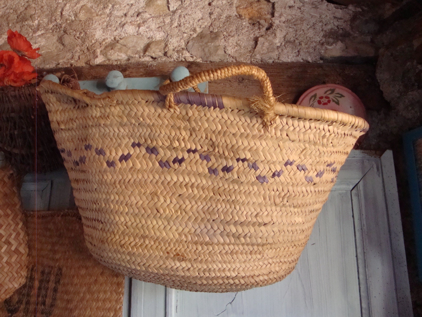 French Rustic Vintage Wicker Basket Red Stripe Shopping Sewing Knitting  Storage Basket 