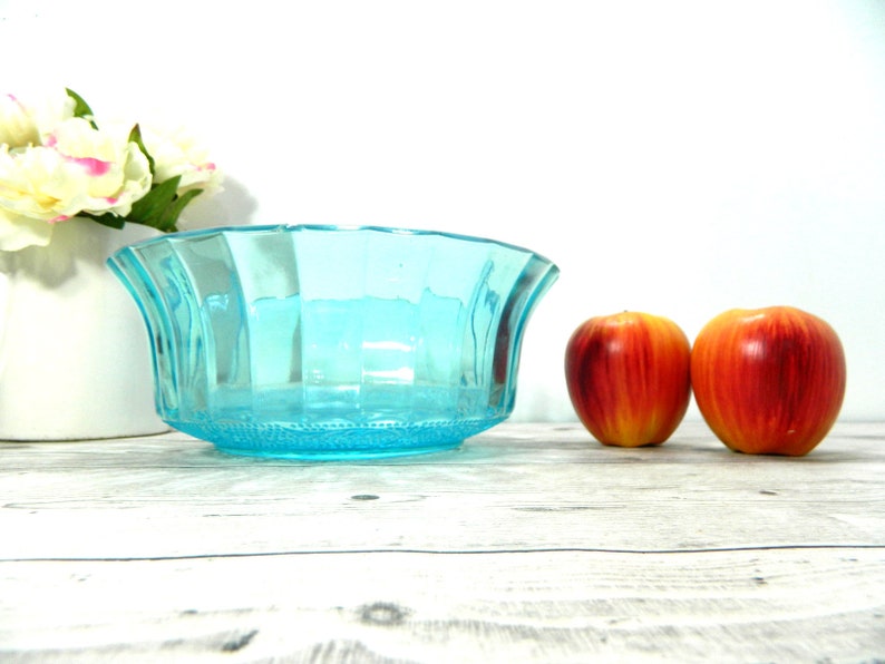 Large turquoise ribbed glass salad bowl French vintage blue Etsy