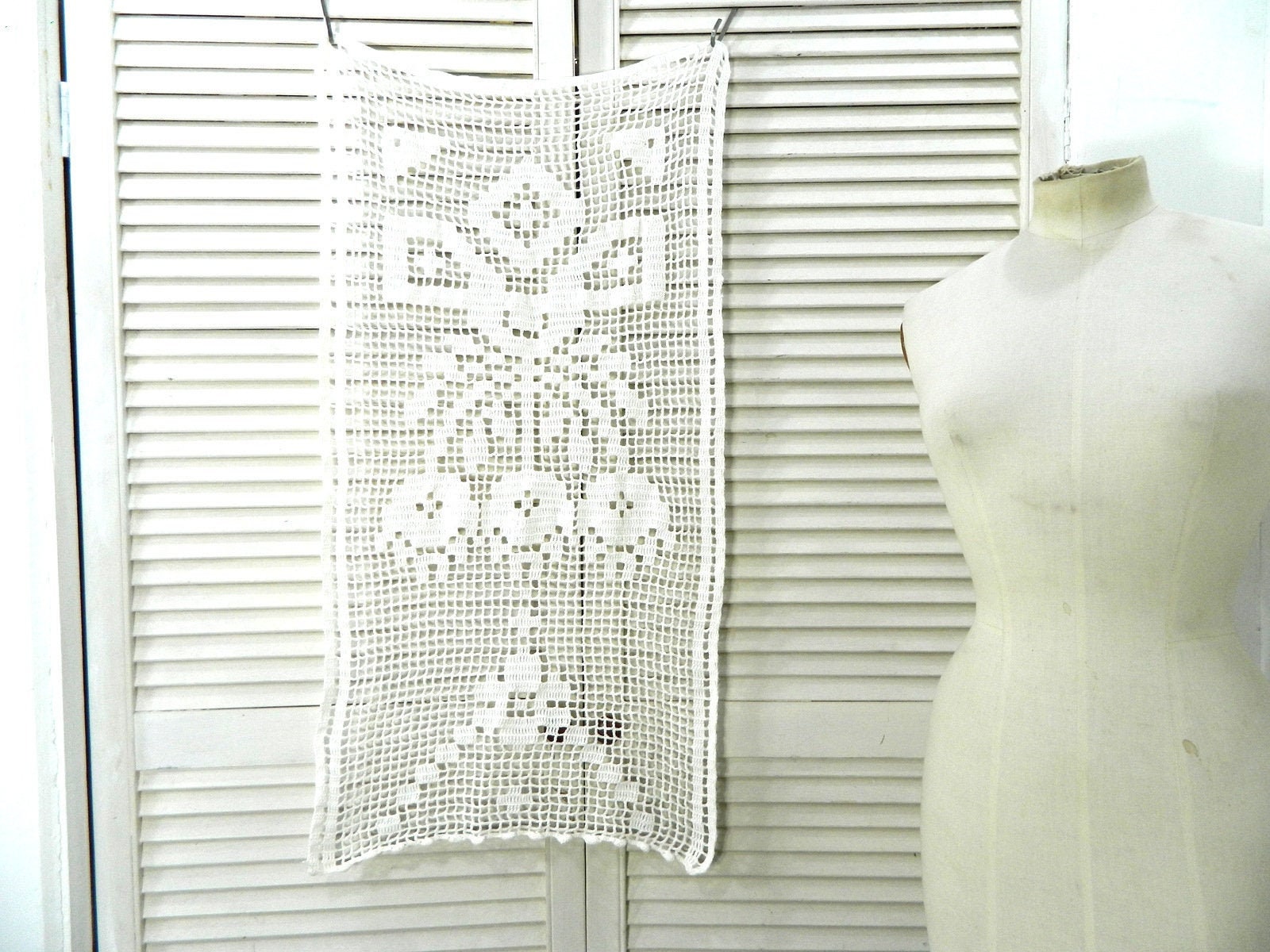 Rideau en Dentelle Au Crochet, Coton Fait Main Vintage