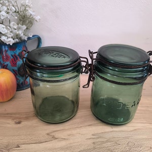 Pair of green glass French canning jars, 1/2 litre, l'Ideale kitchen canister image 5