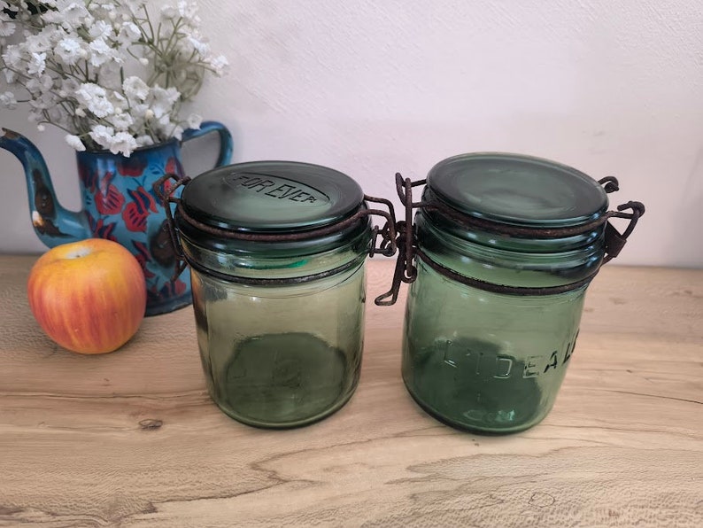 Pair of green glass French canning jars, 1/2 litre, l'Ideale kitchen canister image 5