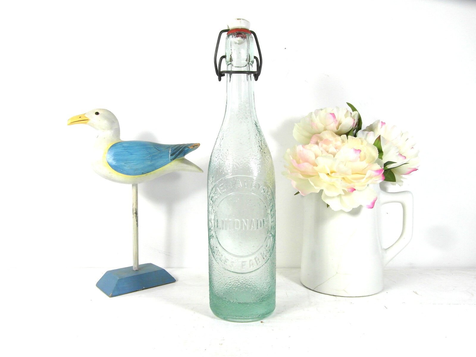 Ancienne Bouteille à Limonade en Verre de Couleur Verte Aqua, 50 Cl