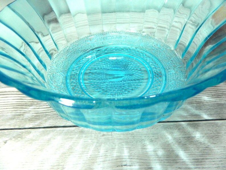 Large turquoise ribbed glass salad bowl French vintage blue Etsy