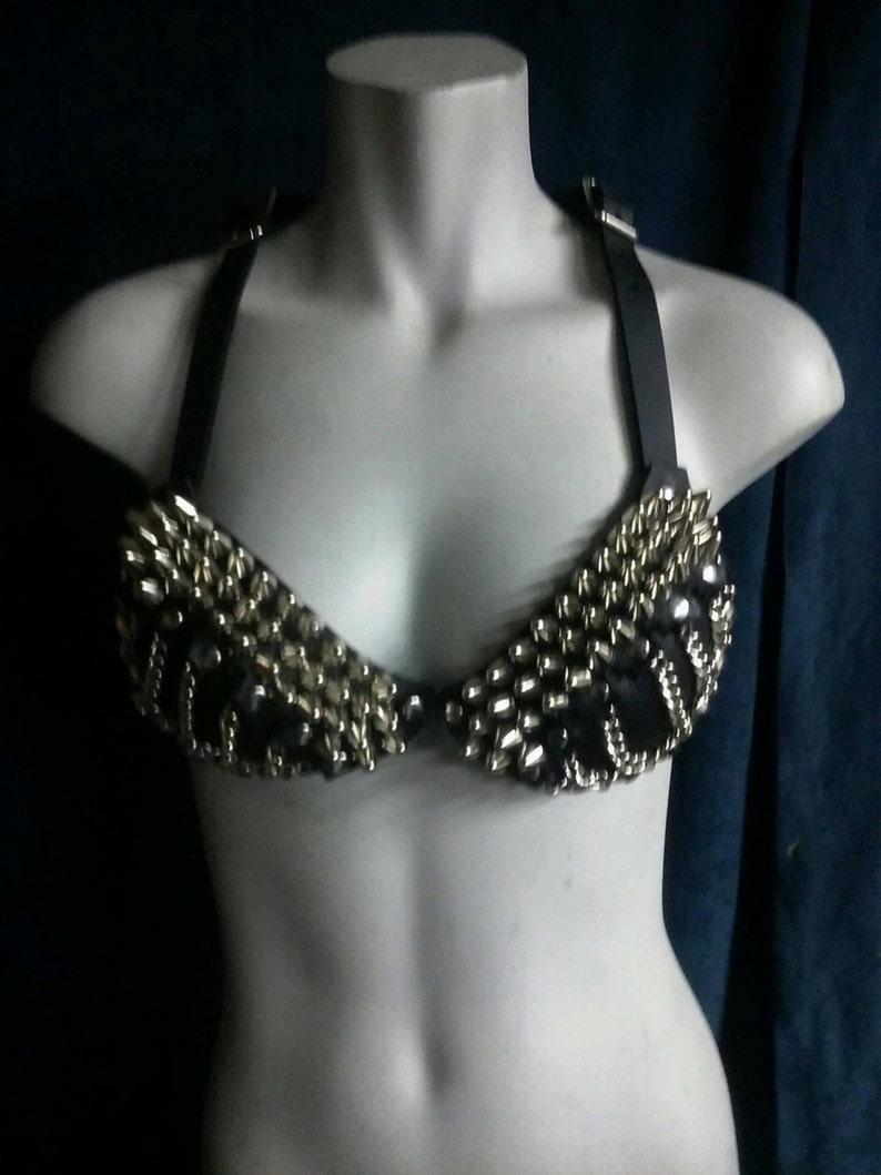 Black Leather Studded Chain Bra A-DD Cup image 1