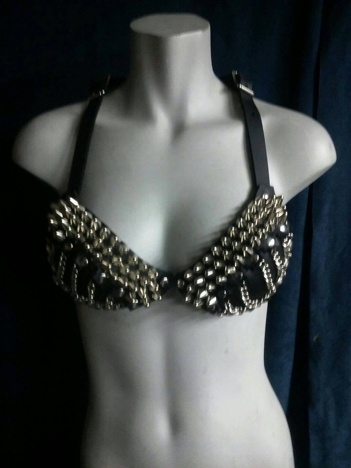 Black Leather Studded Chain Bra A-DD Cup 