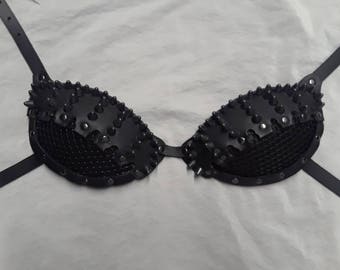 Studded Post-Apocalyptic Wasteland Fallout Leather Bra with netting (Version 472) (A-DD) (your choice of hardware) (black or brown leather)