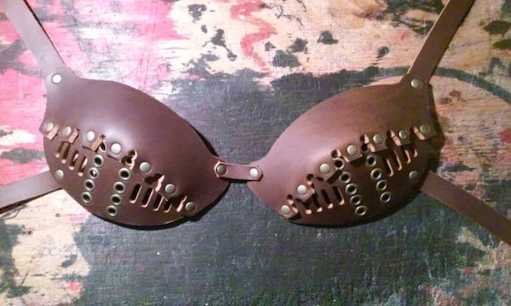 Brown & Antique Brass Leather Bra A-DD Cup 