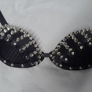 Black studded C D and DD cup leather bra