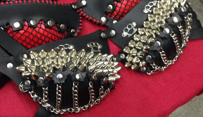Black Leather Studded Chain Bra A-DD Cup image 2
