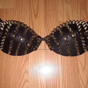 D & DD cup black leather antique brass studded bra