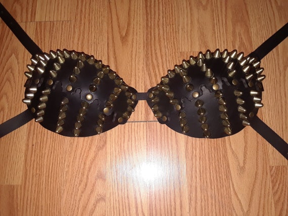 D & DD cup black leather antique brass studded bra