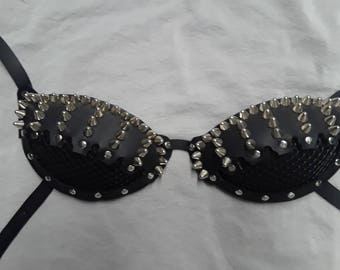 Silver studded D & DD cup leather bra